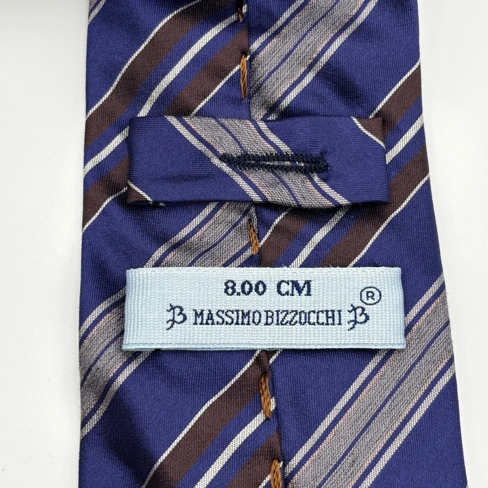 Massimo Bizzocchi Necktie Mens 3.15in Blue Brown Striped‎ Silk Made in Italy